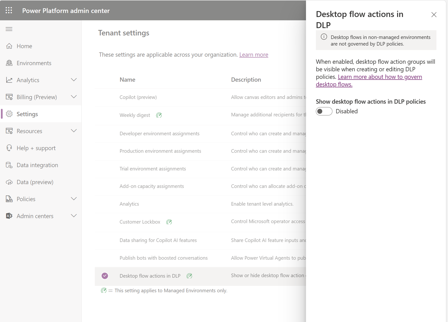 Screenshot of the DLP for desktop flows setting in the Power Platform admin center.