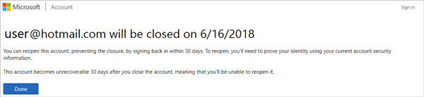 Screenshot of the Microsoft account close notification page.