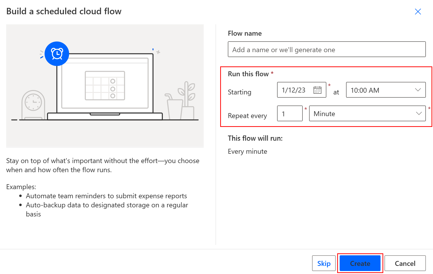 Screenshot of the options to set up a scheduled flow.