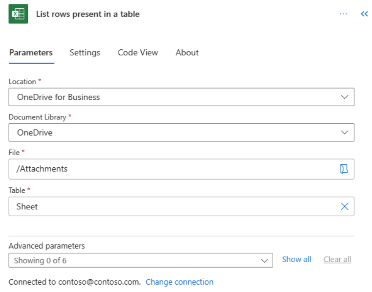 Screenshot of the parameters for list rows present in a table in Copilot.