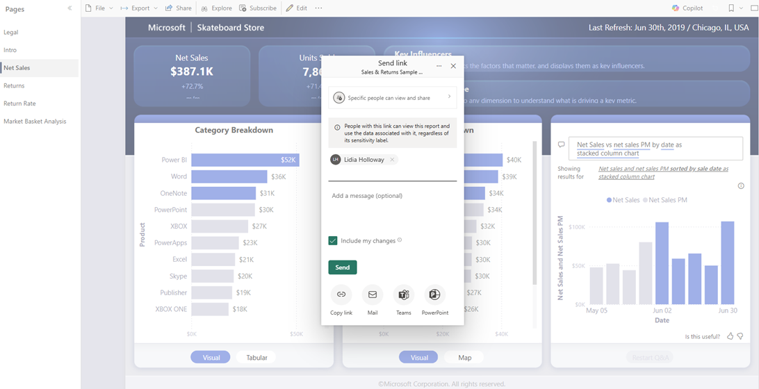 Screenshot that shows the Share to Microsoft Teams dialog.