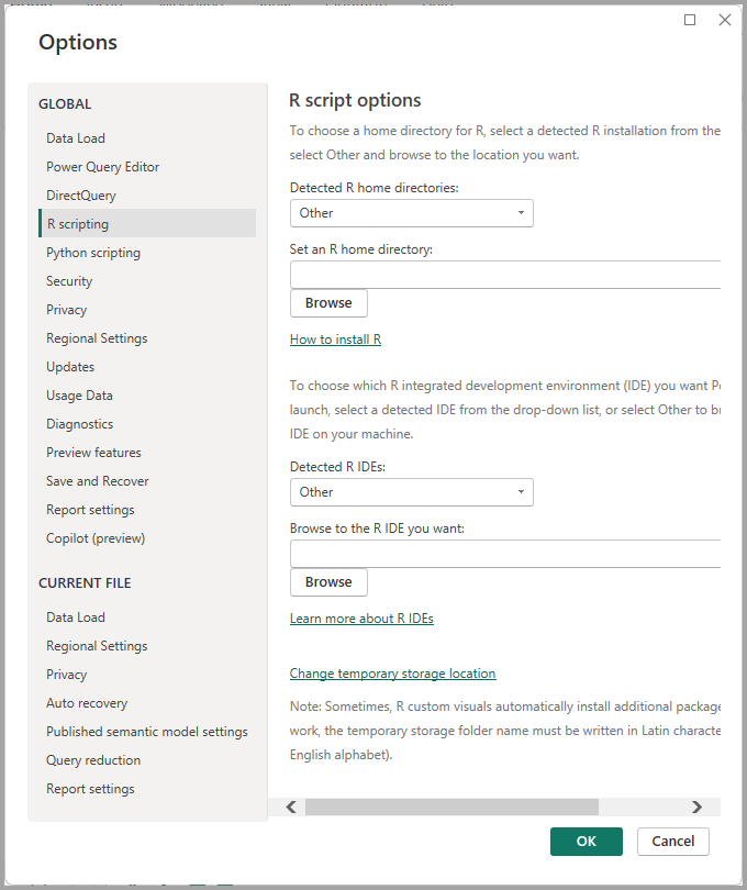 Screenshot of the Options dialog, showing R Studio is entered in the Detected R I D E field.