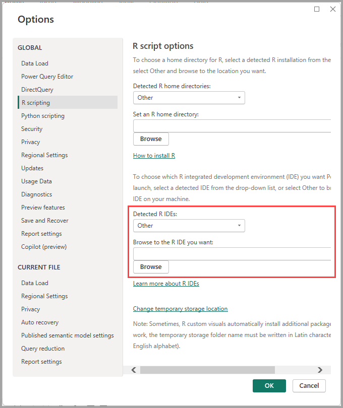 Screenshot of the Options dialog, showing Other is entered in the Detected R I D E field to enter a preferred R I D E.