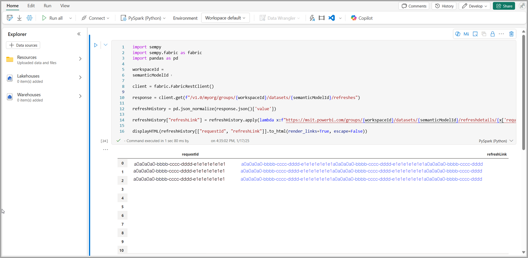 Screenshot of code generated table with refresh identifiers and page URLs.