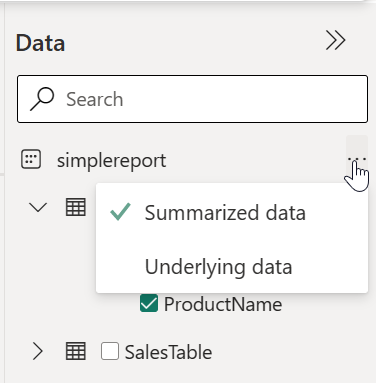 Screenshot showing more options in the Data pane.