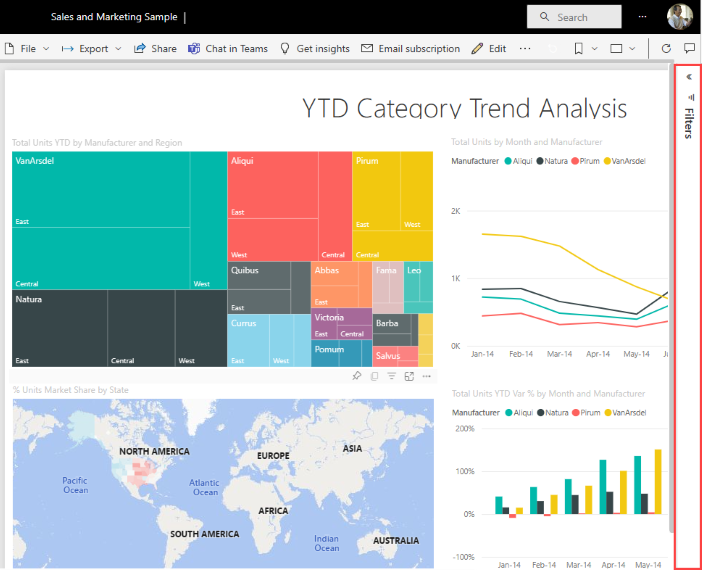 Screenshot of a report open in the Power BI service with the Filters pane selected.