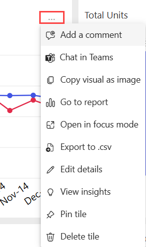 Screenshot of the Power BI tile action menu options.