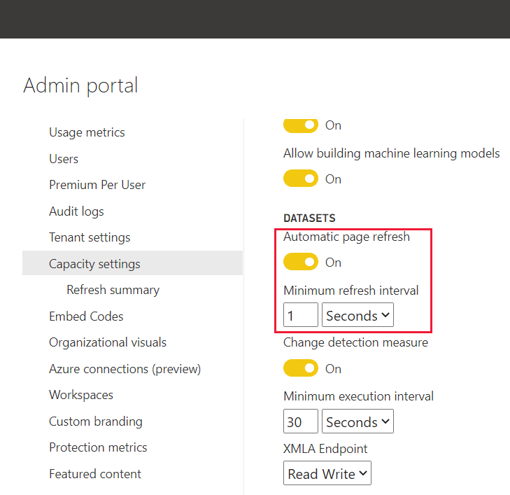 Screenshot that shows the admin setting for automatic refresh interval.