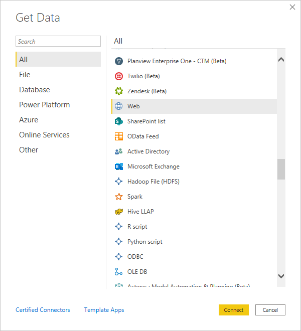 Screenshot of Power B I Desktop showing the Get Data tool.