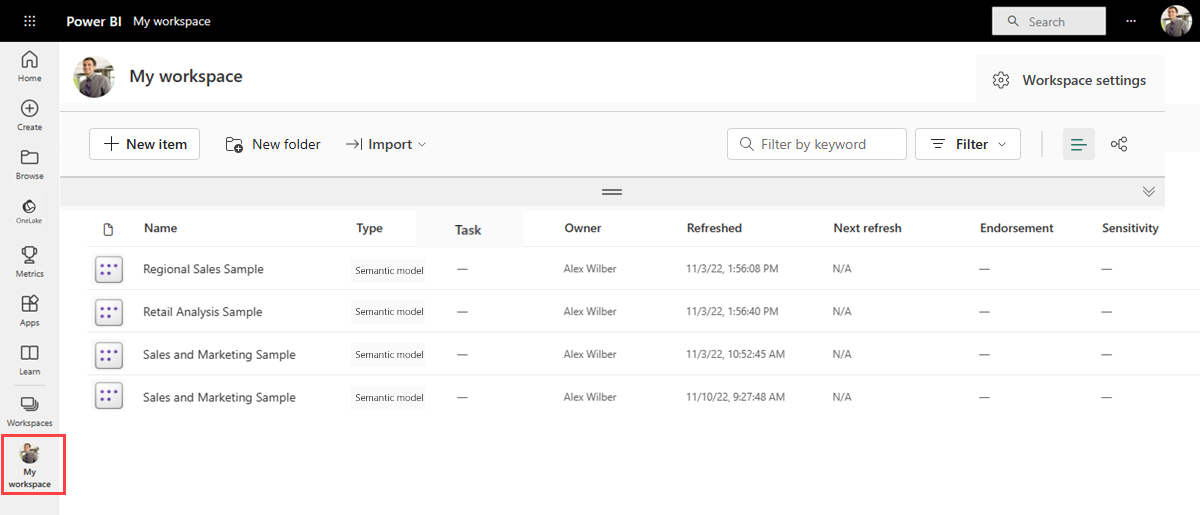 Screenshot of Power BI showing a sample workspace with Semantic models selected.