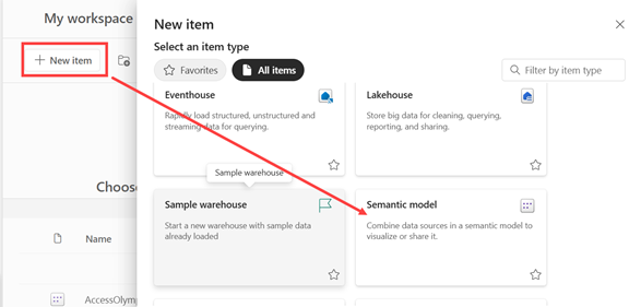 Screenshot that shows how to create a new semantic model to initiate the import process.