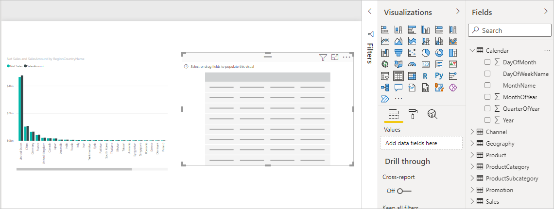 Screenshot of a New blank table visualization.