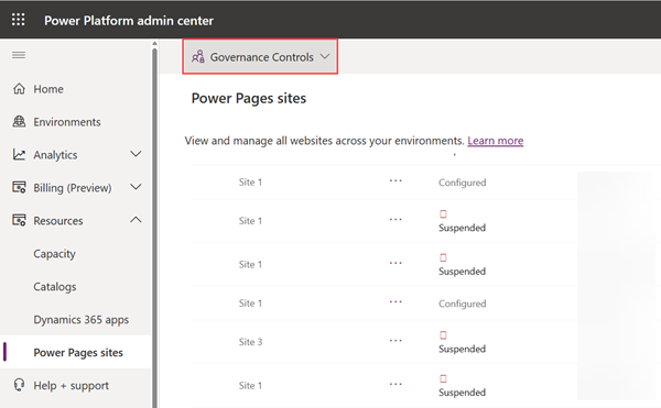 Screenshot showing the governance controls button in the Power Platform admin center.