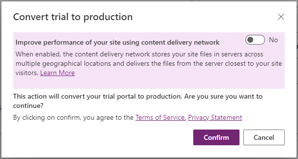 Screenshot of the message confirming you want to enable Content Delivery Network while converting trial to production.