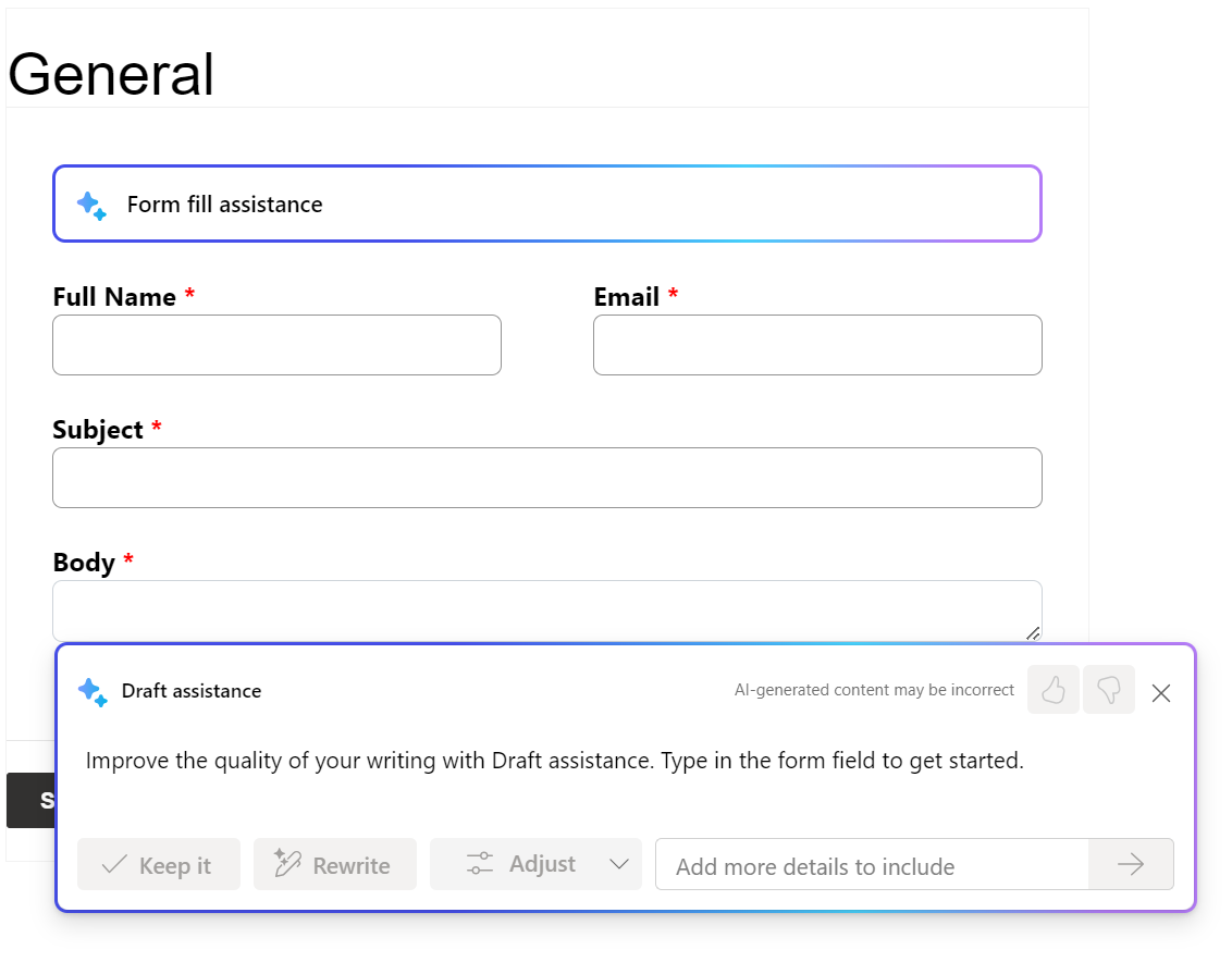 Screenshot showing an example of the AI form fill feature and how AI responds.