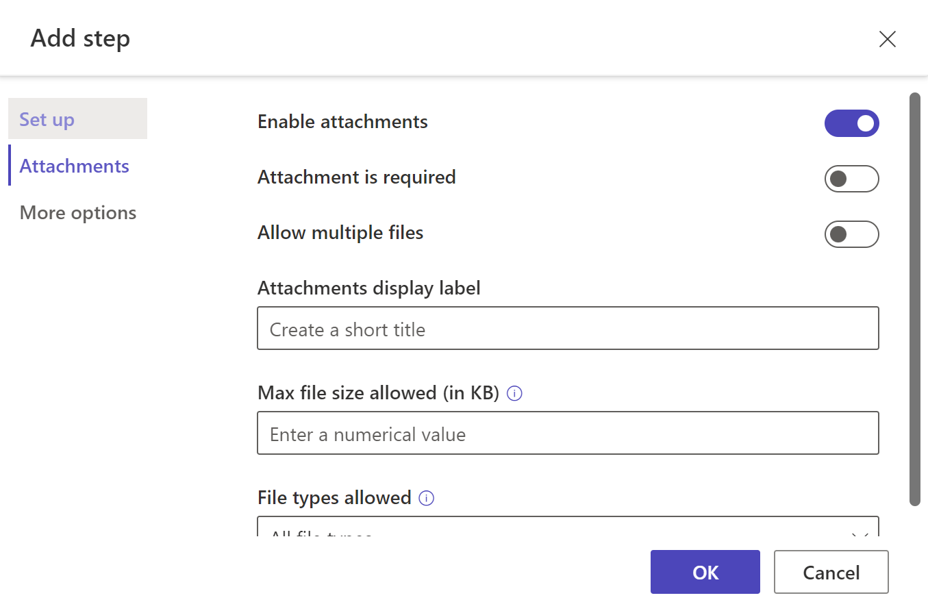 Screenshot of the Add step menu options with Enable attachments selected from the Attachments options.