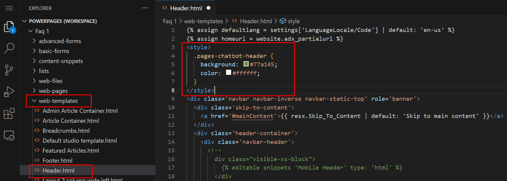 Screenshot of Visual Studio, highlighting the web-templates folder, the Header.html file, and the style element with a CSS selector.