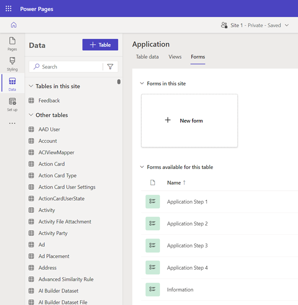 A list of forms in the Data workspace.