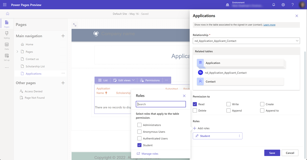 Screenshot that shows assigning the student web role.