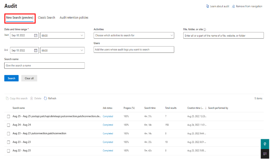 Screenshot of the Audit screen in the Microsoft Purview compliance portal.