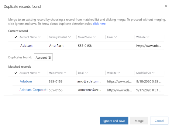 Screenshot of dialog box showing duplicate records found.