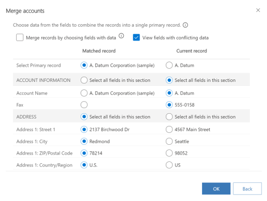 Screenshot of the Merge accounts dialog box.