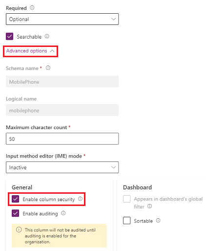 Screenshot showing advanced options and enable column security.