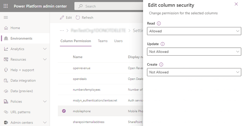 Screenshot showing the edit column security permissions.