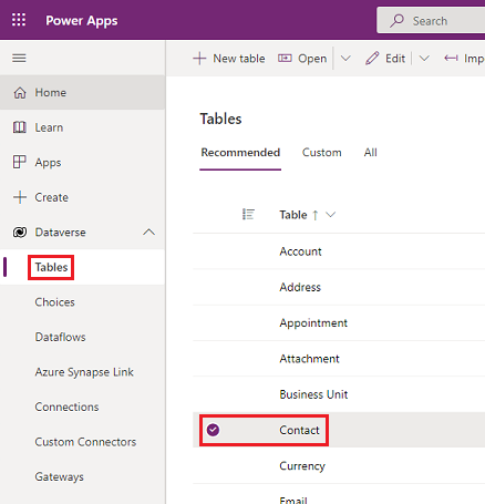 Screenshot showing how to select the Contact table.