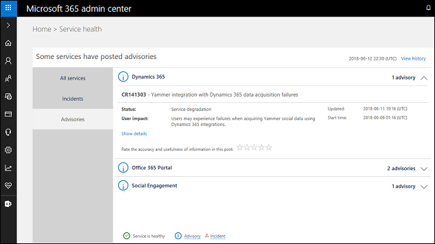 Screenshot that shows a service health issue in the Microsoft 365 admin center.