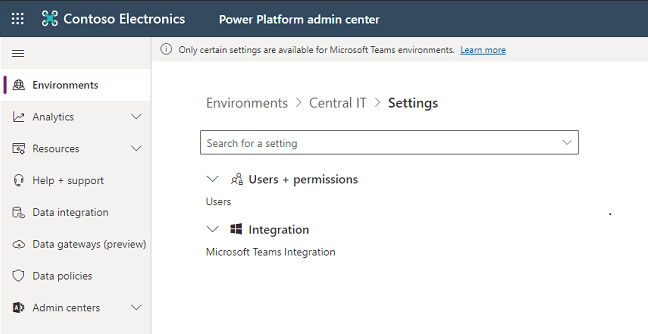 Dataverse for Teams environment settings.