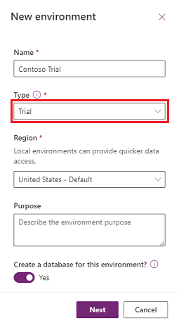 Create a new trial (standard) environment, page two.