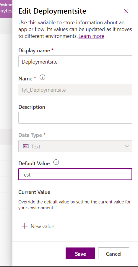 Values of the environment variables in the target environment