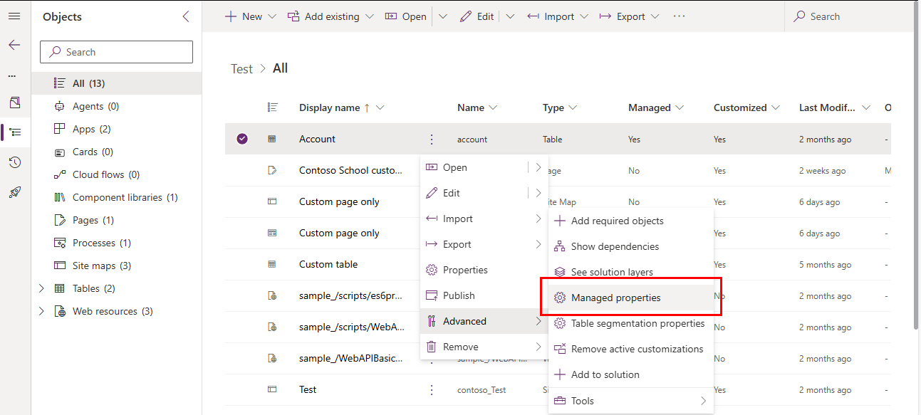 Table managed properties command.