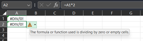 Excel spreadsheet with A2=A1*2 and #DIV/0! shown in the cell