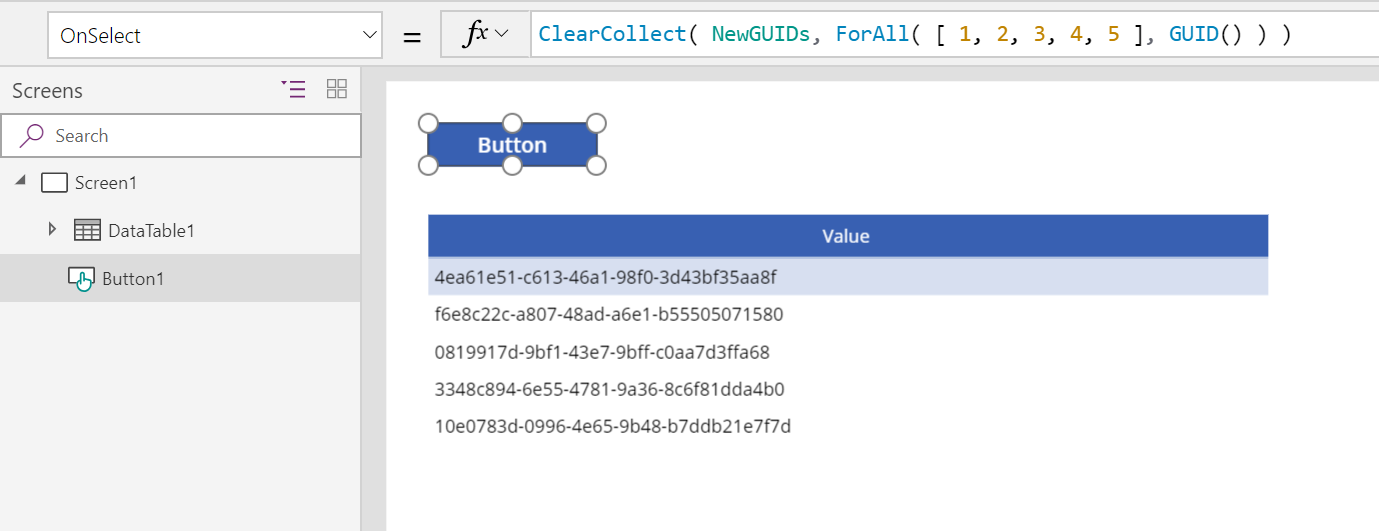 The same screen showing a data table with a new set of five different GUID values.