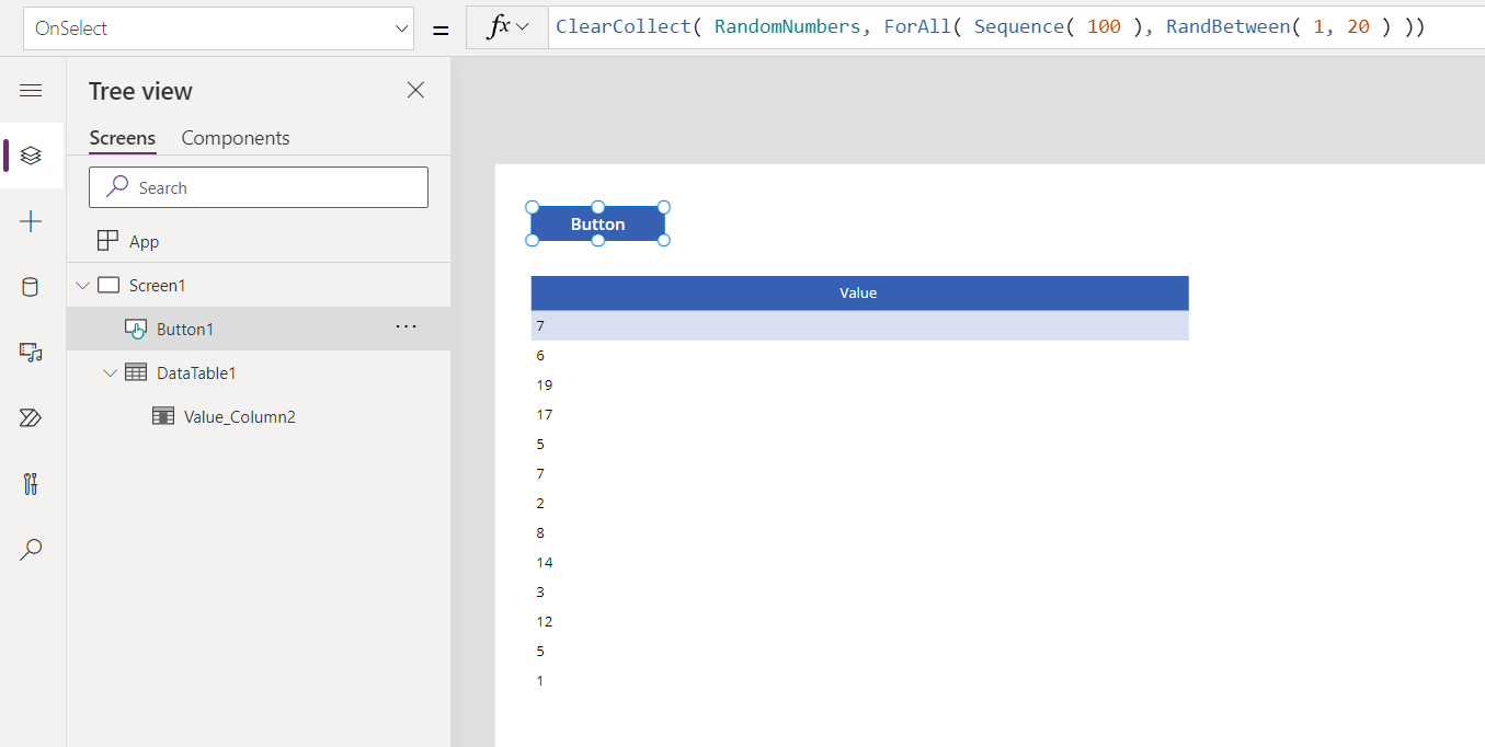 The same screen showing a data table with a new set of random numbers.