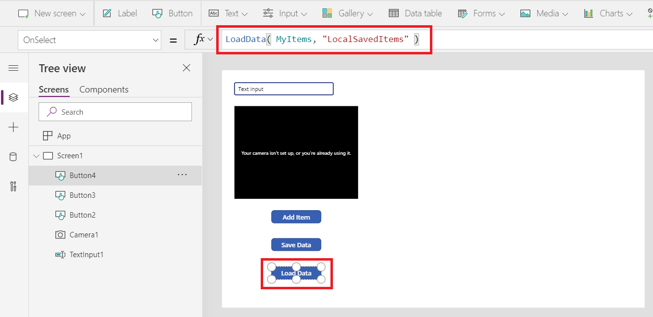 A button control added with the text "Load Data" and the OnSelect property set