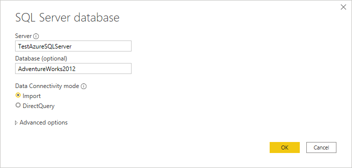 Screenshot of the SQL Server database dialog where you enter Azure Synapse Analytics (SQL DW) connection.