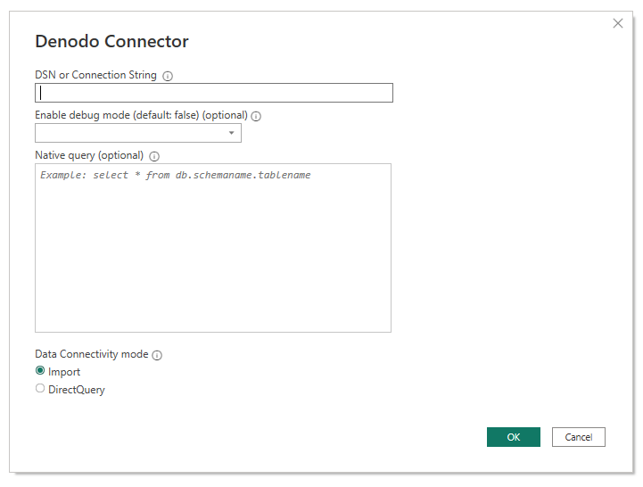 Denodo connector dialog.