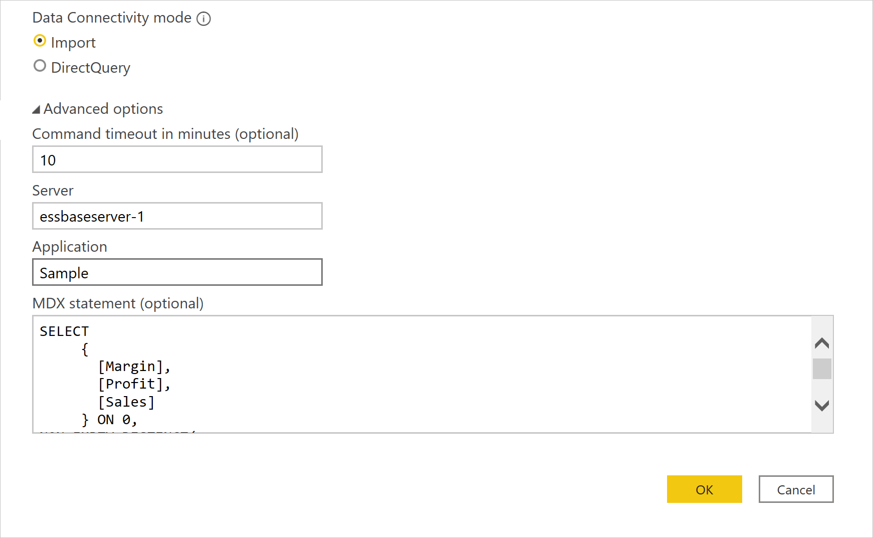 Essbase connection authentication with command timeout and MDX advanced options set.