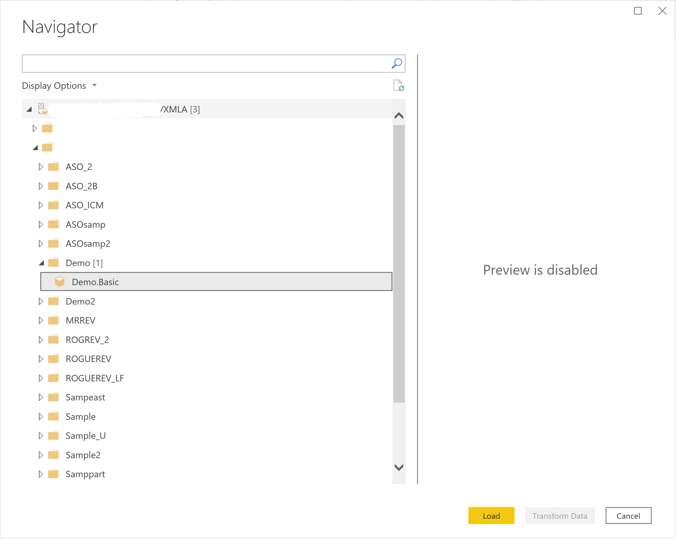 Essbase Direct Query data navigator selections.