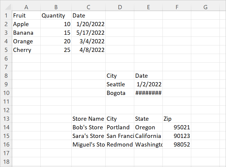 Screenshot of Excel workbook with three sets of data.