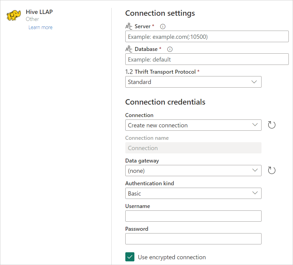 Screenshot of the connect to data source page with all of the selections not yet filled in.