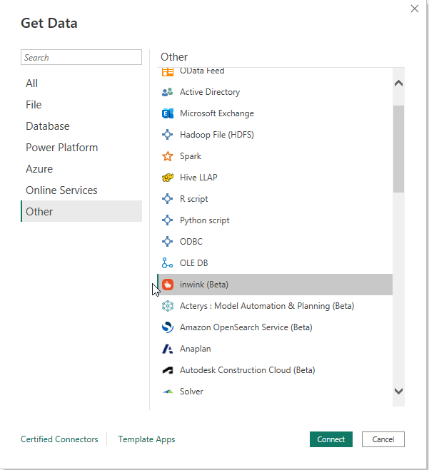 Screenshot of the Get Data dialog with the inwink connector emphasized.