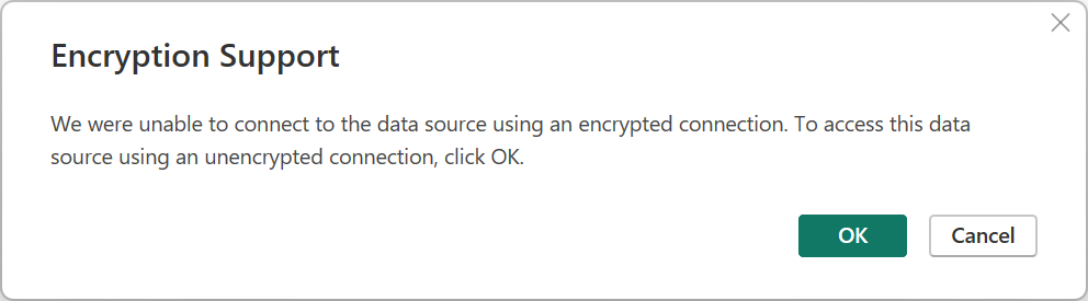 Screenshot of the encryption support dialog asking whether to use an unencrypted connection.