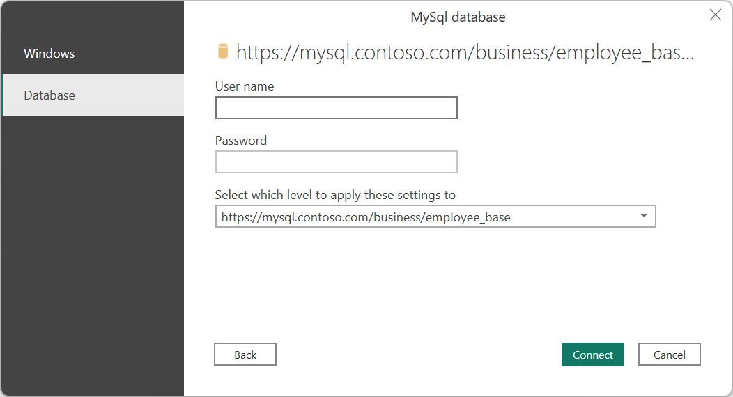 Screenshot of the authentication dialog with the Database authentication kind selected.