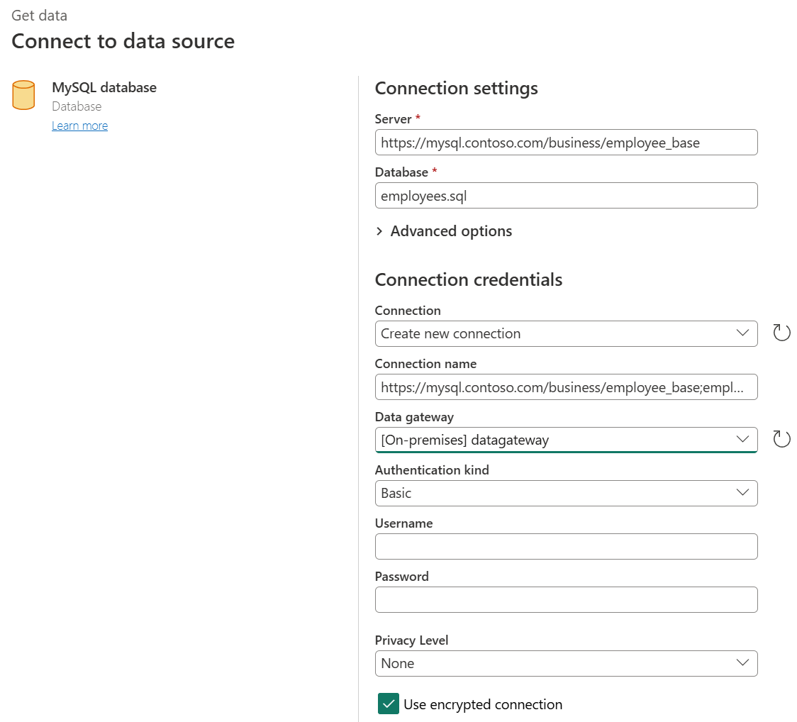 Screenshot of the Connection settings dialog with server and database sample entries filled in.