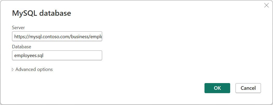 Screenshot of the MySQL database connection dialog.