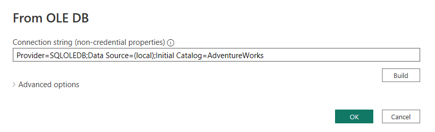 Screenshot of the OLE DB dialog, showing connection string entered as Provider=SQLOLEDB;Data Source=(local);InitialCatalog=Adventureworks.